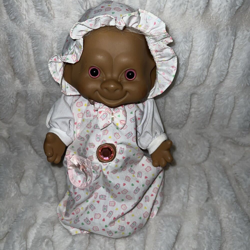 Vintage Trolls Doll 9" Jewel Belly Button Baby Pink Star Ace with Dress & Bonnet